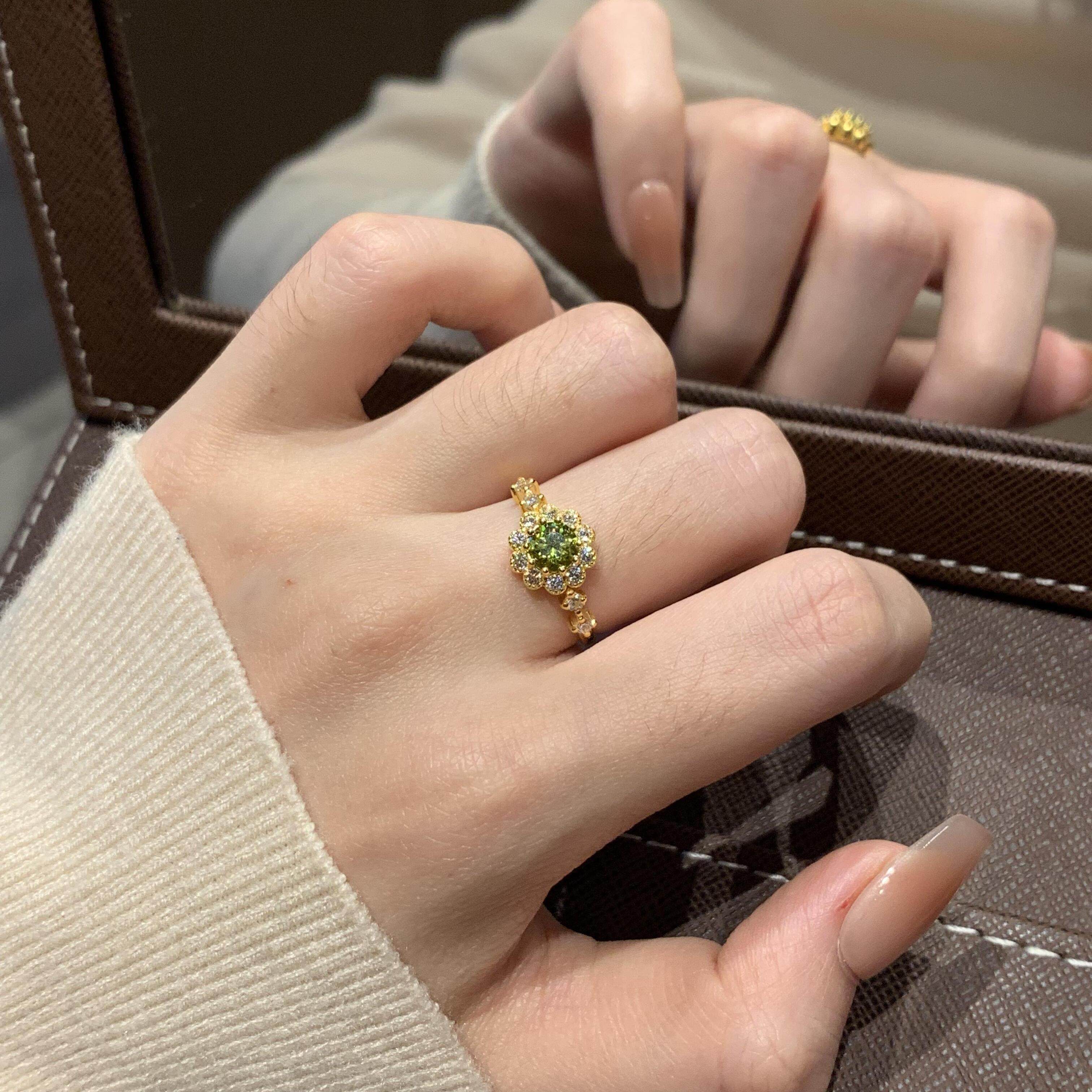 「林雾之心」复古绿色圆形锆石花朵戒指宫廷风精致轻奢气质食指戒