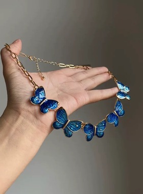 蓝色海洋中古复古蝴蝶滴油项链高级感小众设计礼服配饰派对锁骨链