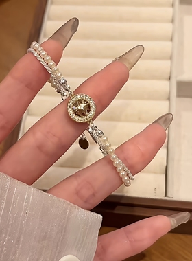 金色圆形八芒星珍珠缠绕手链女款2025新款轻奢小众精致高级感手串