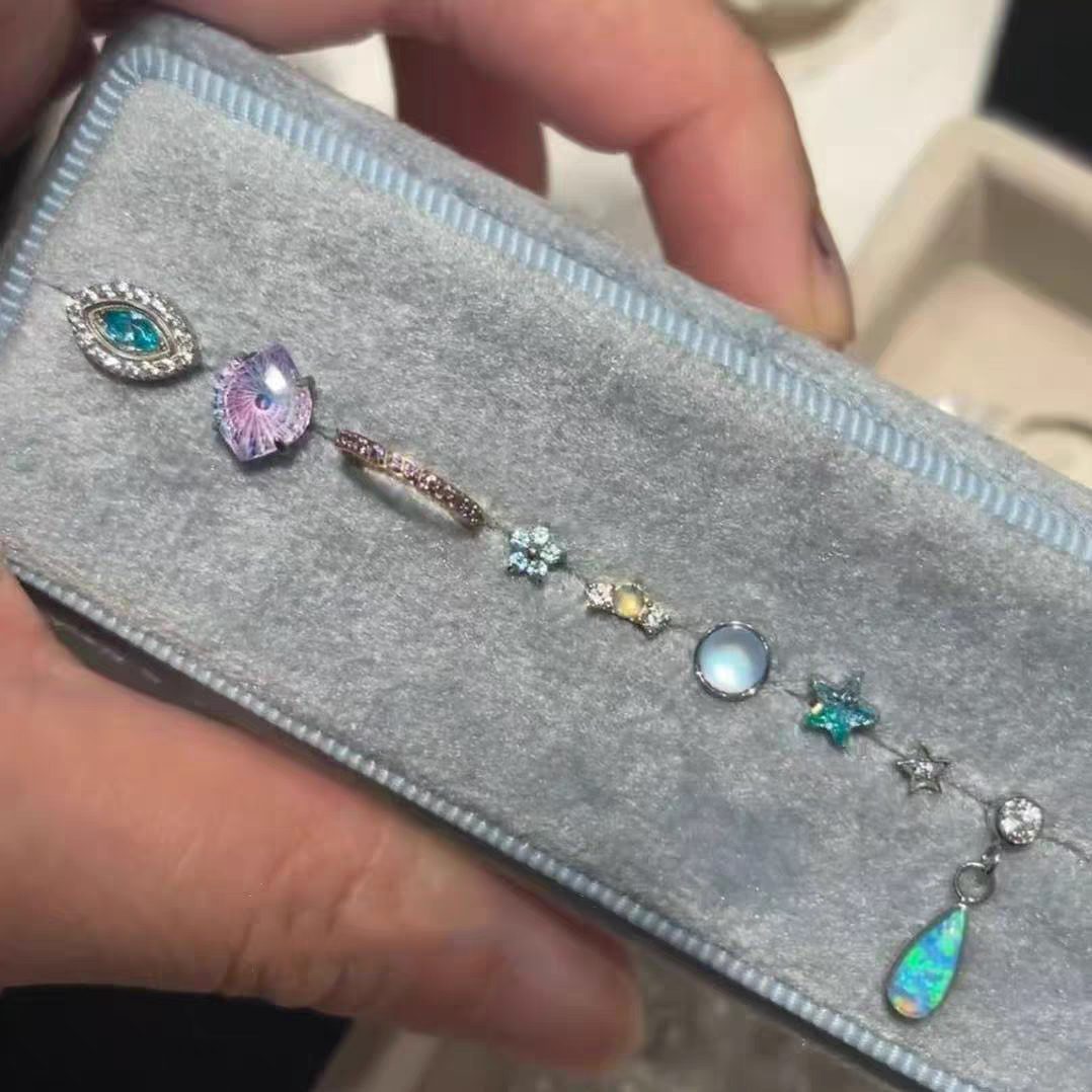 紫境星芒甜酷耳骨钉9只装 蓝紫撞色贝壳水滴养耳洞耳钉小众高级感