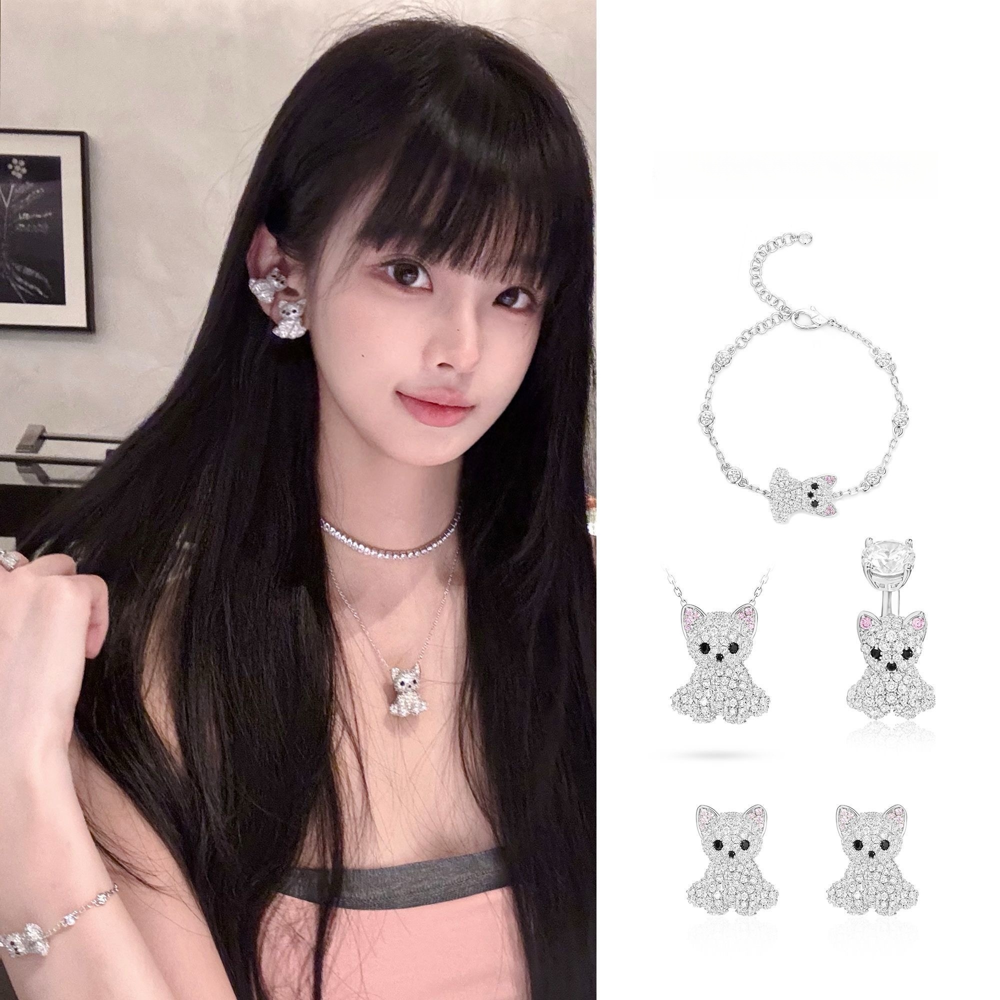 叛逆千金风猫咪满钻猫猫项链耳夹手链戒指轻奢气质时尚设计感饰品