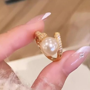 法式复古单颗珍珠开口戒指女轻奢时尚日常佩戴显气质指环食指戒