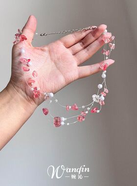 多巴胺粉色碎钻珍珠叠戴锁骨链
