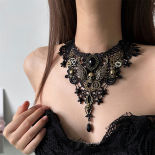 复古黑色蕾丝骷髅项链蒸汽洛丽塔暗黑脖子饰品夸张万圣节哥特配饰