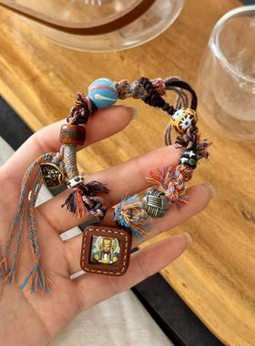 藏式精致编绳手绳手工扎基拉姆搭配手工彩色串珠高颜值手饰送女友