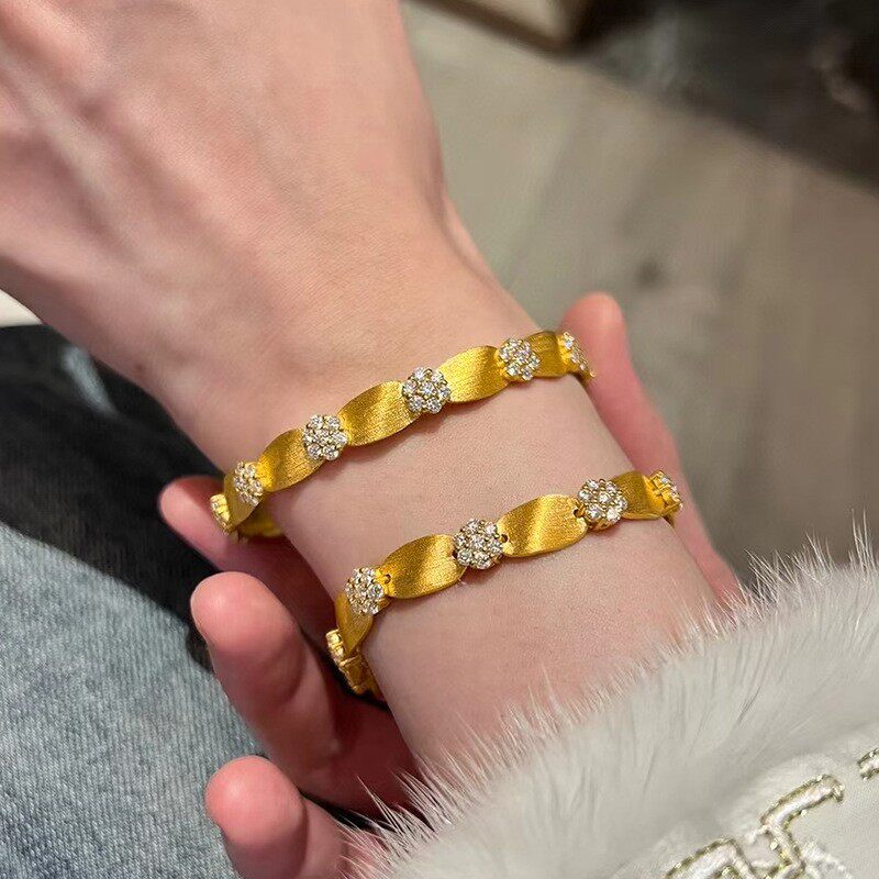 复古宫廷风轻奢金色拉丝手镯竹节花朵气质高级开口手环叠戴手饰品