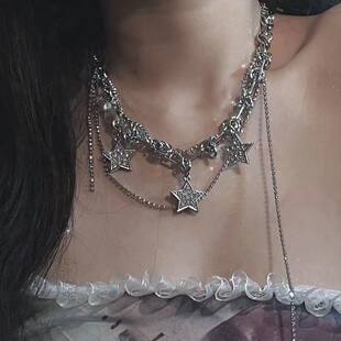 银色满钻五角星多层叠戴项链女小众高级感气质流苏短款颈链锁骨链