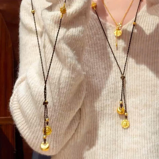 新中式复古金色小胖福圆牌项链女2025新爆款轻奢设计感长链毛衣链