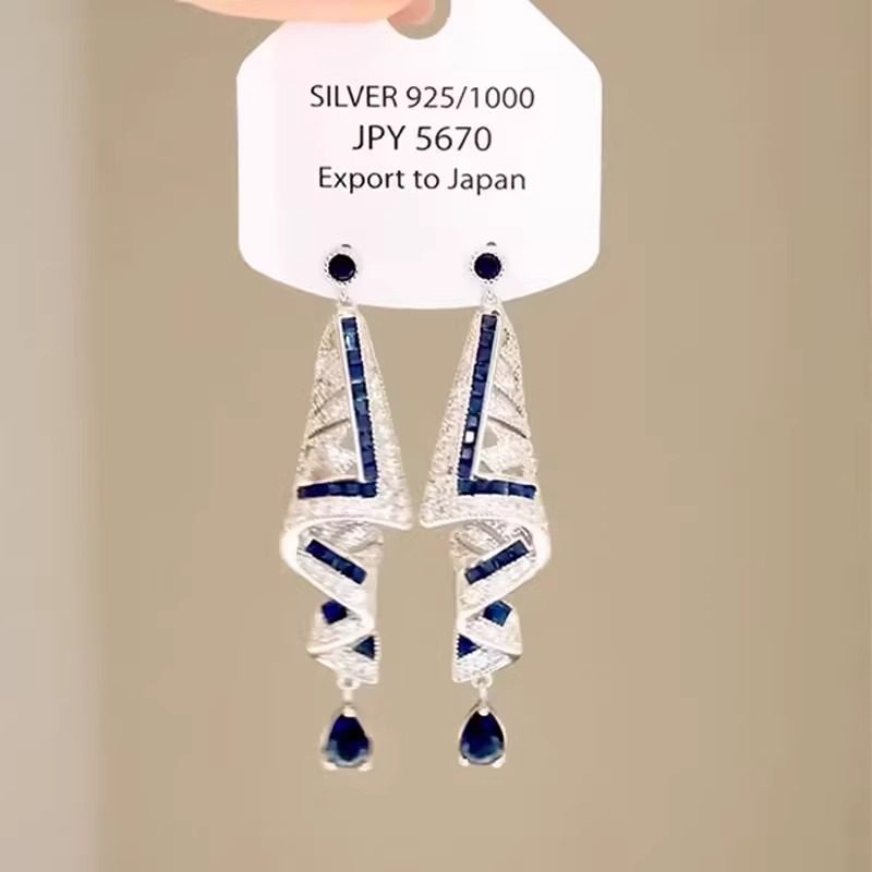 法式重工满钻蓝色绸带耳环2025新款中古vintage高级感长款耳饰女