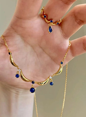 复古宫廷风克莱因蓝宝石流苏项链