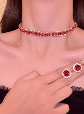 红酒晚宴 红色闪钻项链耳钉套装女轻奢高级感小众颈链晚礼服配饰
