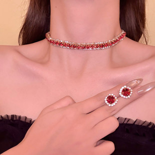 红酒晚宴 红色闪钻项链耳钉套装女轻奢高级感小众颈链晚礼服配饰