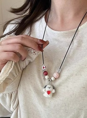 可爱萌趣抽拉爱心白色毛绒小狗吊坠项链女秋冬长款挂脖毛衣链配饰