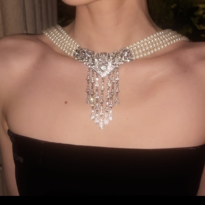 欧美重工多层串珠短款项链女士镶钻流苏轻奢气质优雅颈链饰品珍珠