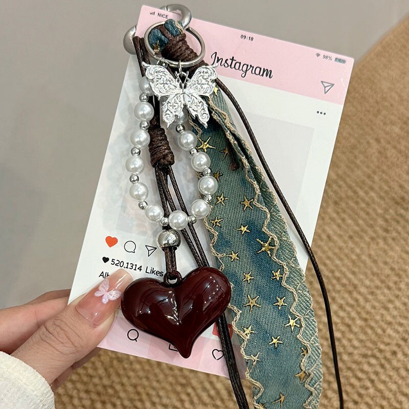 复古甜酷牛仔蓝蝴蝶爱心珍珠挂链小众个性手机链钥匙扣包包挂件女