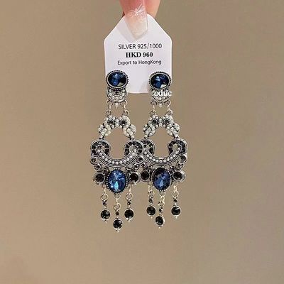 复古宫廷风蓝色水晶耳环女长款流苏耳坠高级感气质名媛风耳饰新款