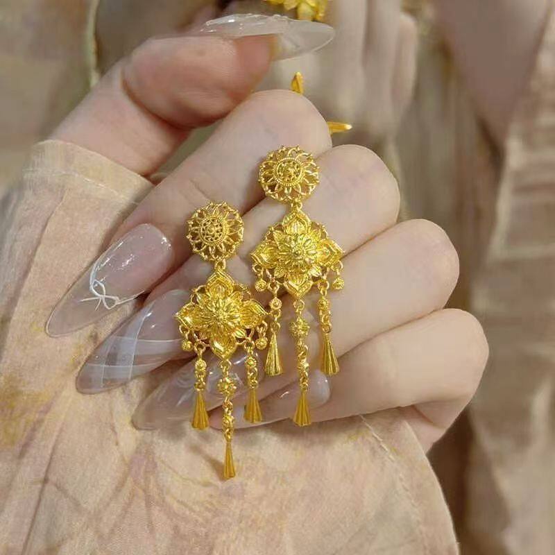 金店同款金色宝相花流苏耳环