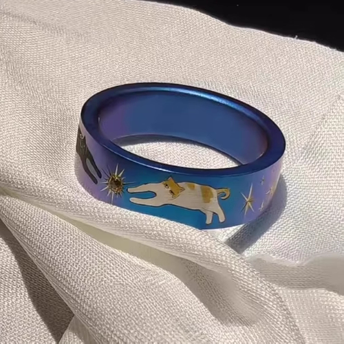 双猫摘星蓝色炫彩戒指女2025新爆款指环小众设计轻奢高级感食指戒
