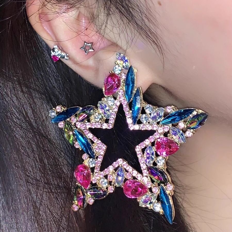 欧美满钻彩色夸张五角星星耳环女小众设计轻奢高级感闪亮夸张耳钉