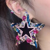 欧美满钻彩色夸张五角星星耳环女小众设计轻奢高级感闪亮夸张耳钉