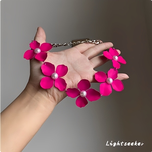 老货复古！玫红色珍珠花朵项链女个性夸张设计感锁骨链度假风颈链
