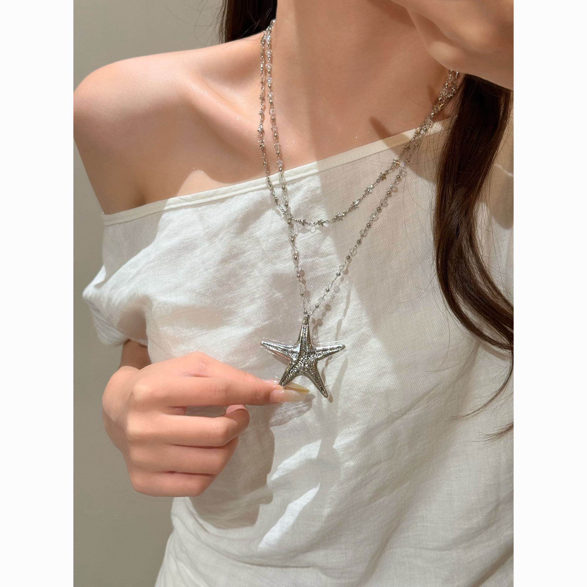 海边双层海星串珠吊坠项链女配裙子颈链长款叠戴配饰品精致气质女