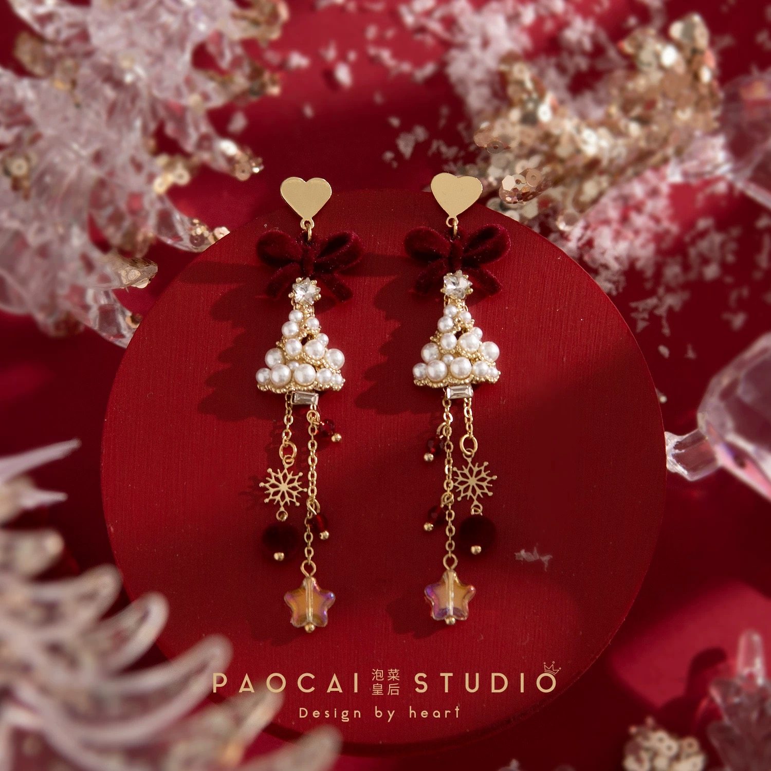 珍珠圣诞树下散落的礼物耳环小众设计高级感耳钉圣诞节小饰品流苏