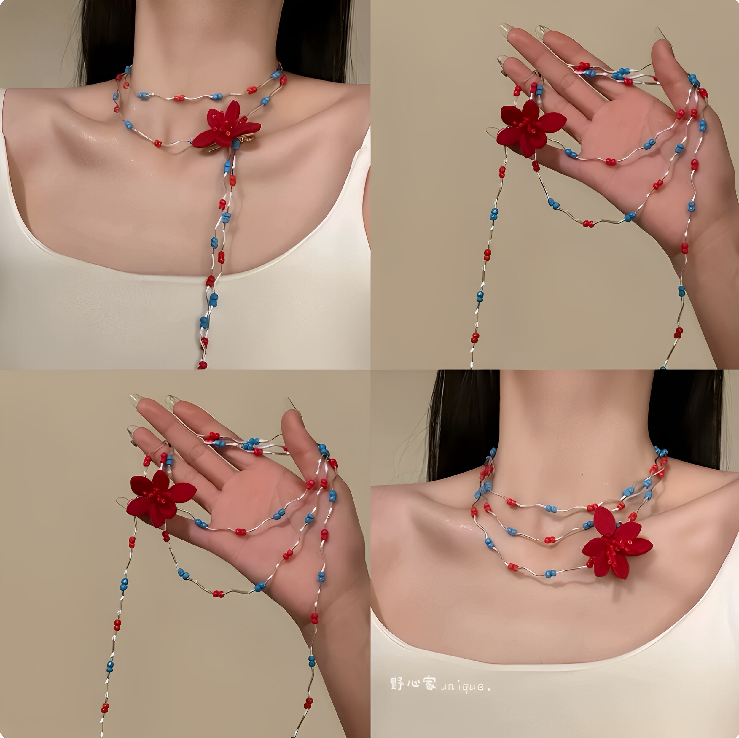 复古辣妹红蓝串珠choker锁骨链女小众轻奢花朵颈链长款流苏项链潮