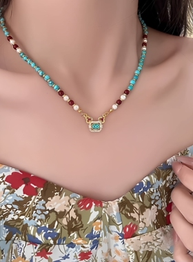 民族风绿色弹力串珠项链新中式古法锁骨链招财高级感轻奢气质手链