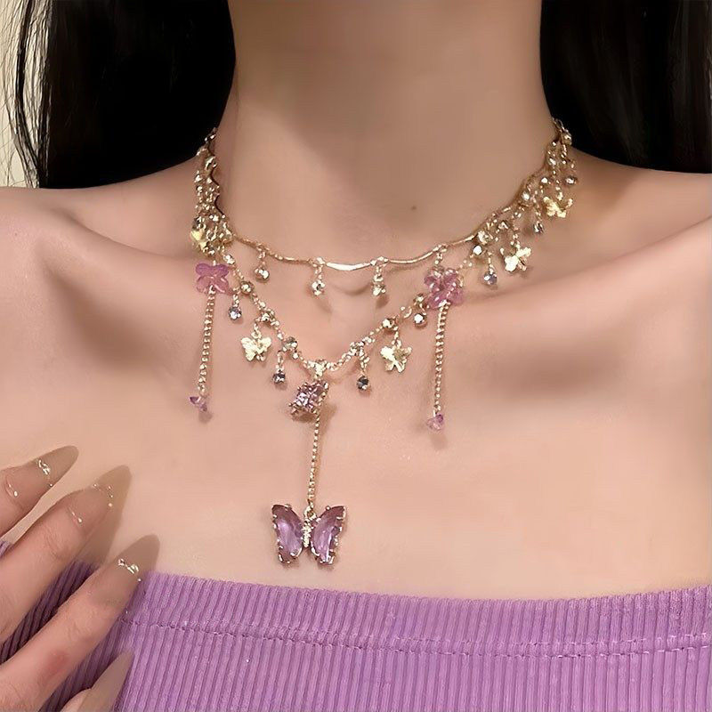 【晶紫璀璨】夏季紫色水晶蝴蝶项链高级感choker锁骨链仙女风项饰