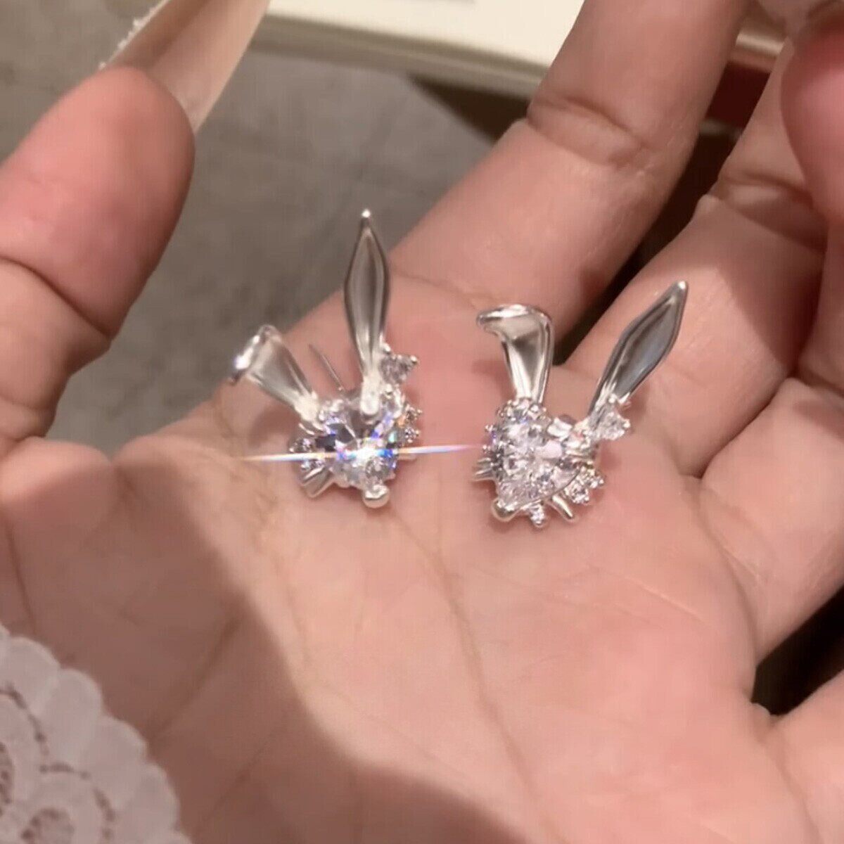 超闪仿钻爱心小兔子耳钉甜美气质