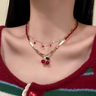 【撞色红樱】夏日甜美彩色多巴胺串珠项链女红色樱桃锁骨链饰品