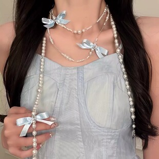 【韩系初恋】蓝色蝴蝶结珍珠项链长款叠戴锁骨链毛衣链串珠小香波