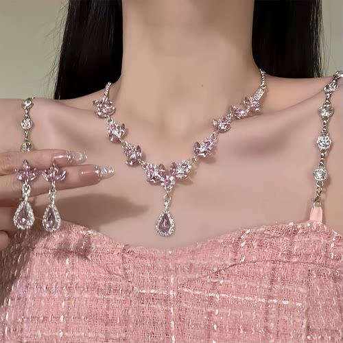 甜美精致粉色樱花闪钻项链耳环宫廷轻奢晚礼服锁骨链水滴耳钉气质