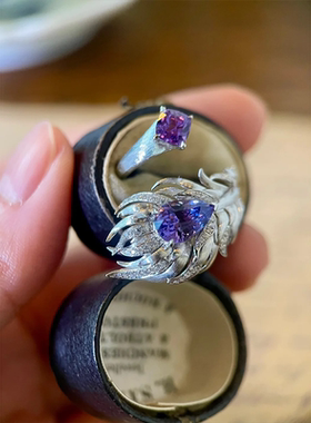 拉丝仿紫水晶碧玺彩宝石羽毛戒指vintage中古古董风凤尾食指指环