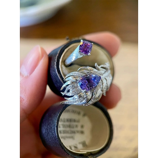 拉丝仿紫水晶碧玺彩宝石羽毛戒指vintage中古古董风凤尾食指指环