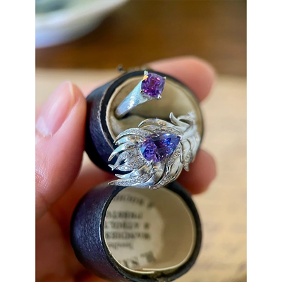 拉丝仿紫水晶碧玺彩宝石羽毛戒指vintage中古古董风凤尾食指指环