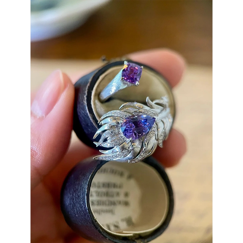拉丝仿紫水晶碧玺彩宝石羽毛戒指vintage中古古董风凤尾食指指环