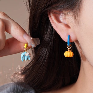 多巴胺滴釉小象不对称耳环女2025新款爆款独特耳钉轻奢高级感耳饰
