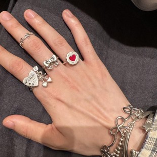 小众款！复古日韩ins风银色爱心叠戴戒指女小众设计开口指环简约
