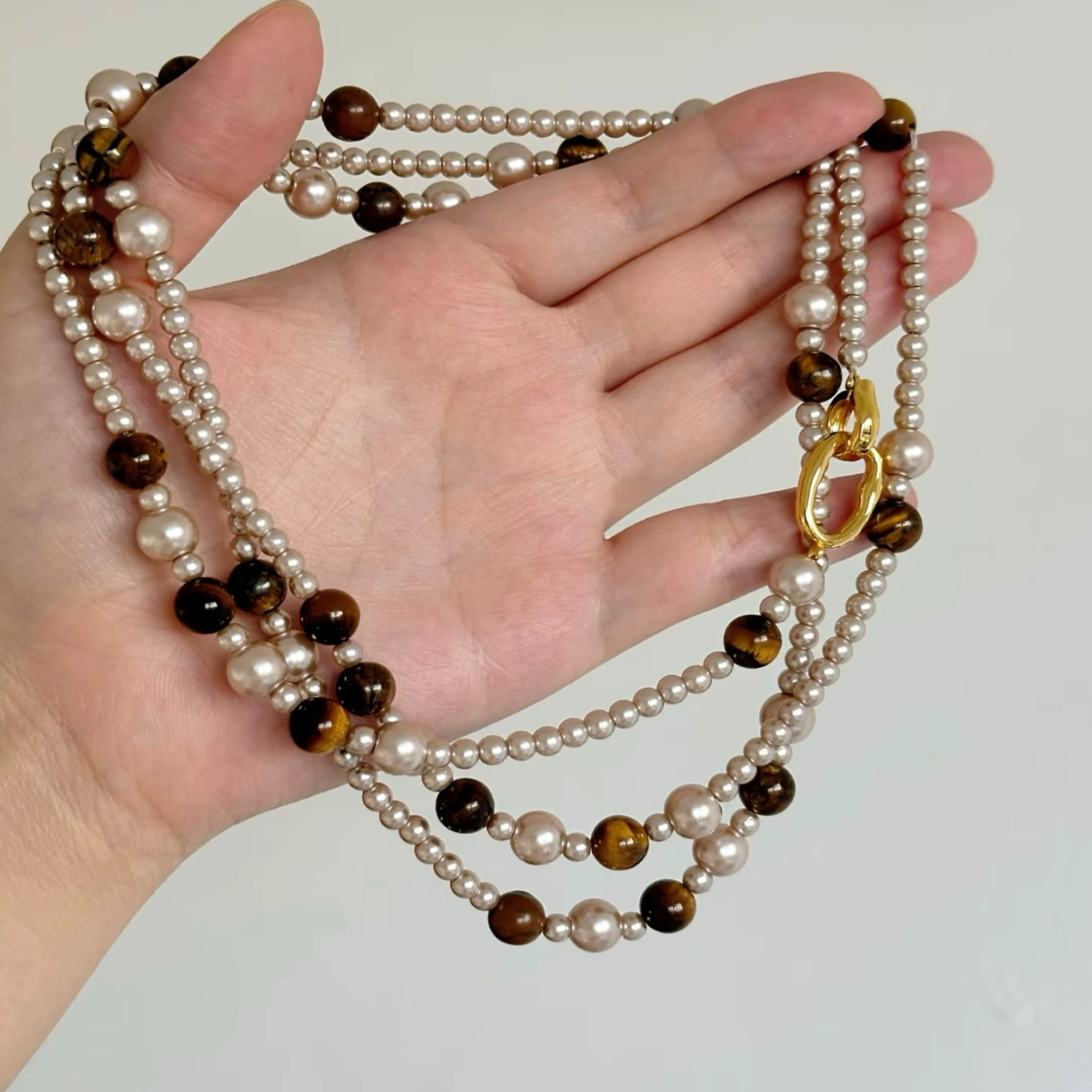 适合秋冬戴的~长款虎眼色轻奢美拉德串珠珍珠项链气质叠戴毛衣链