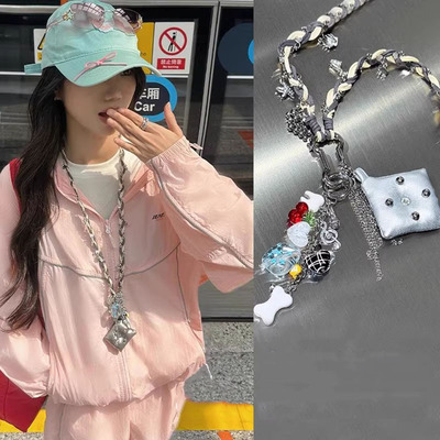 银色编绳抱枕项链女小众设计感朋克长款卫衣链挂脖甜酷辣妹配饰品