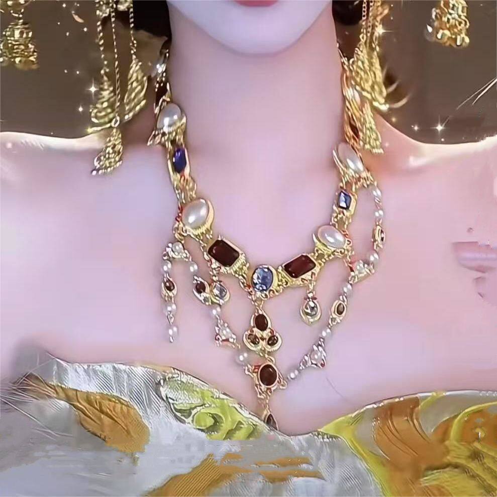 宫廷复古彩色仿水钻珍珠项链女vintage时尚流苏双层锁骨链颈链
