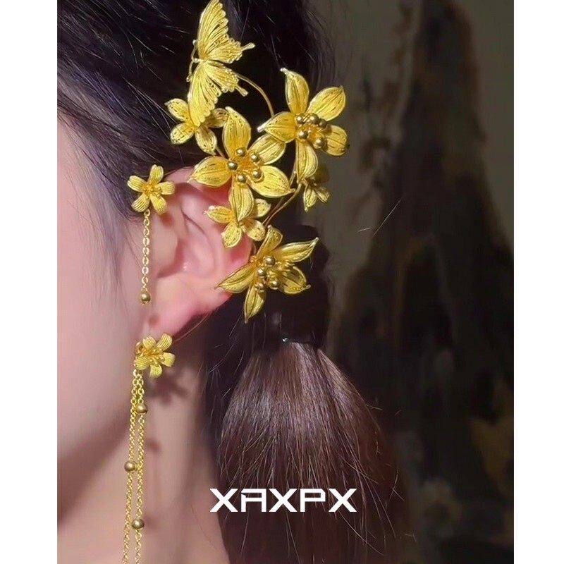新款甜美超仙刺绣花朵流苏耳挂时尚小众高颜值镶钻蝴蝶无耳洞耳夹