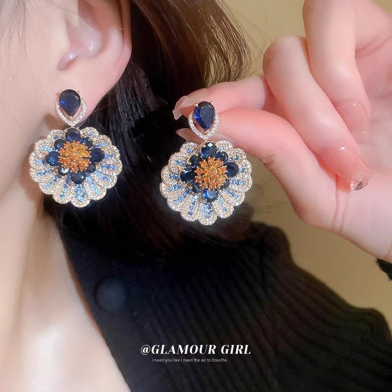 宫廷风宴会礼服耳饰中古风蓝色闪锆花朵耳环女轻奢高级感气质耳钉