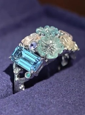 「繁华似锦」小众设计清冷感海蓝宝色团花戒指高级感食指戒指环女