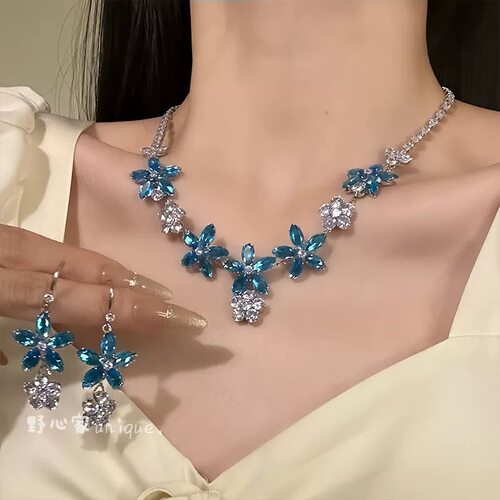 超闪蓝色闪钻花朵项链套装