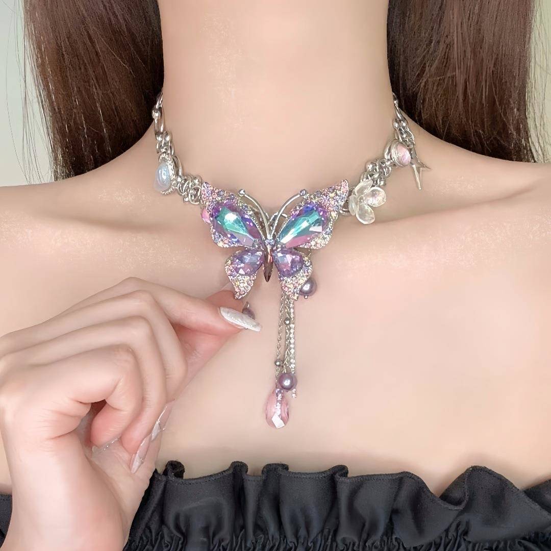 重工精致紫色满钻蝴蝶爱心流苏项链女时尚气质轻奢百搭小众锁骨链