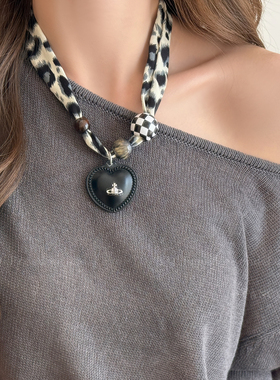 美拉德色系~复古豹纹系脖丝巾项链女小众高级感长毛衣链秋冬配饰