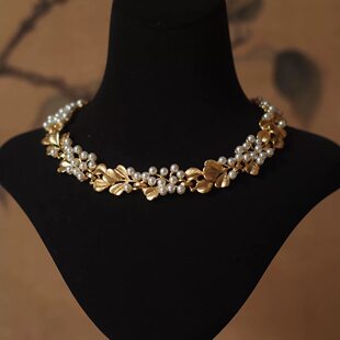 vintage中古金色银杏叶仿珍珠项链女复古宫廷风复古轻奢西洋古董